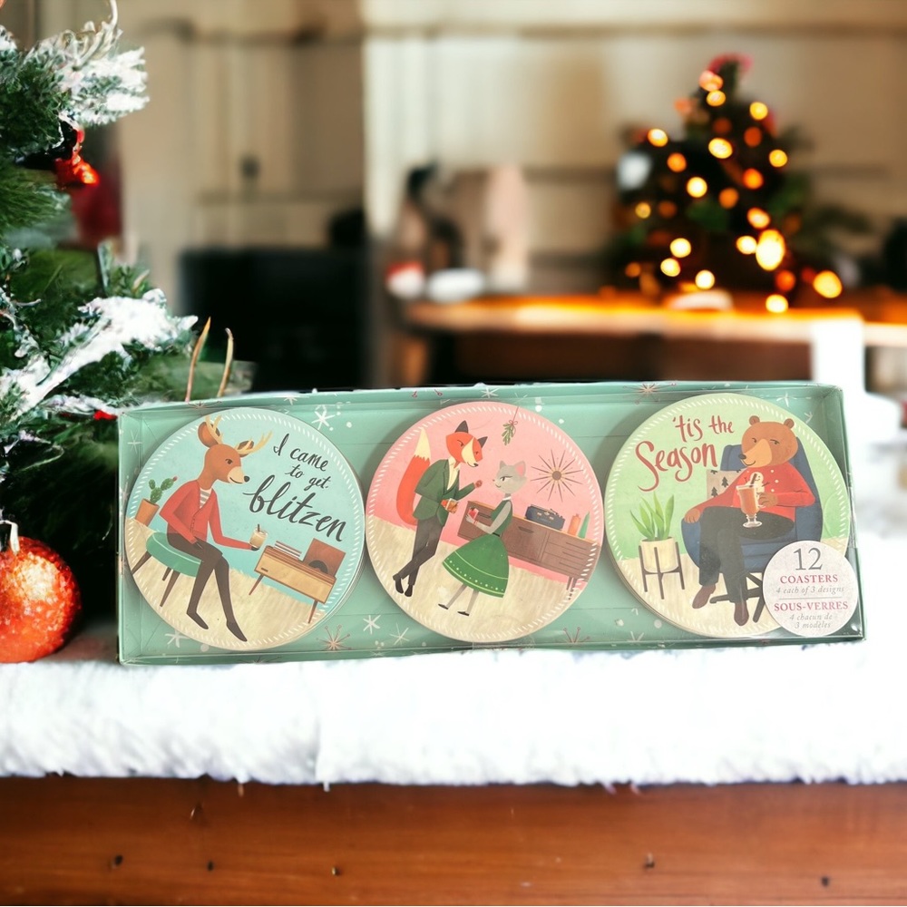 Molly & Rex Christmas Round Coaster Reindeer Bear Fox Cat Set of 12, New